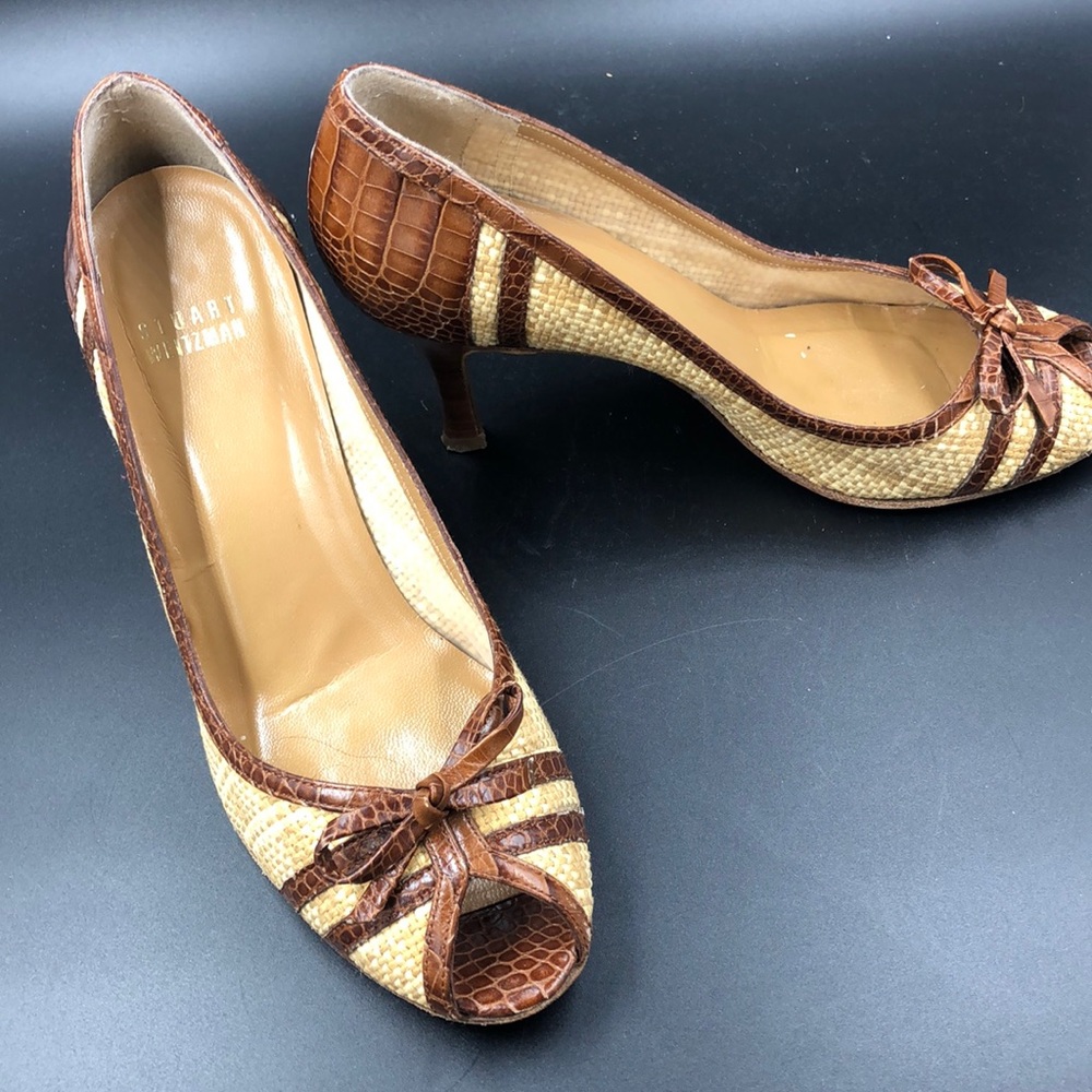 Straw & Leather Peep Toe Pumps 7.5